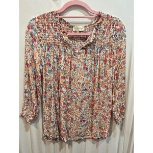 Cynthia Rowley Floral Print Smocked Top Blouse Small Boho Chic‎ Ruffle Neck